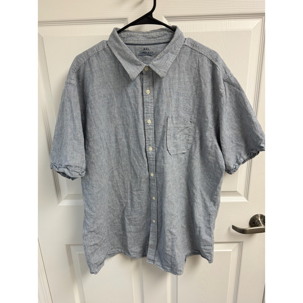TU Linen Rich Premium Quality Mens XXL‎ Blue Micro Check Short Sleeve Shirt